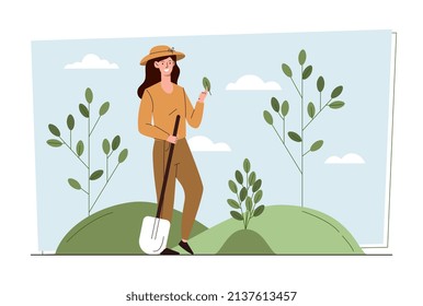 Woman planting tree. Girl with shoe in nature, environmental activist. Caring for nature and increasing oxygen on planet. Responsible society and love for plants. Cartoon flat vector illustration