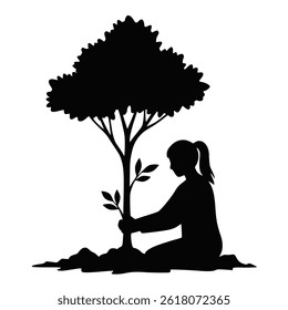 Woman Planting Tree Silhouette for Environmental Sustainability and Nature Conservation