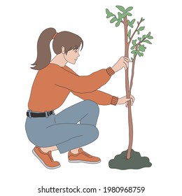 Woman planting a tree. Vector hand drawn illustration. Isolated on white background.