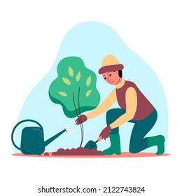 A woman is planting a young tree sapling. Digging with a shovel and watering. Springtime. Caring for nature and ecology. Vector flat illustration