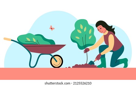 A woman is planting a young tree sapling. Digs the soil with a shovel. Garden wheelbarrow. Springtime. Caring for nature and ecology. Vector flat illustration