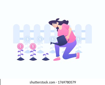 A woman plants a crop which is all likened to a growth and development startup. Small growth is better than nothing. Vector Illustration with minimal and gradient style
