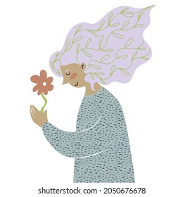 Woman with plants in her gray hair, holding a growing flower in her hands vector illustration