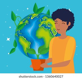 woman with plants leaves and planet conservation