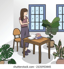 woman and plants in the live room, Minimalist interior furniture. hand drawn vector illustration interior minimalist design.