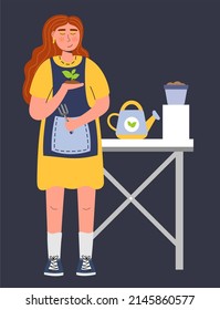 A woman plants seedlings standing at a table A woman farmer gardener doing work and agricultural hobby Vector illustration isolated