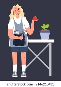 A woman plants seedlings standing at a table A woman farmer gardener doing work and agricultural hobby Vector illustration isolated