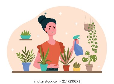 Woman with plants. Young girl uses sprayer to water plants in pots. Gardening and love for floristry, comfort and coziness in apartment or house, greenhouse. Cartoon flat vector illustration