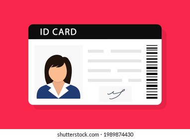 Woman plastic ID cards, car driver licence with female photo on red background. ID card, identification card, drivers license, identity verification, person data. Vector illustration