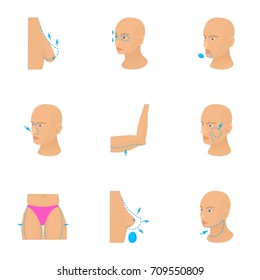 Woman plastic surgery icons set. Cartoon set of 9 woman plastic surgery vector icons for web isolated on white background
