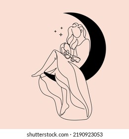 Woman play Acoustic guitar Moon Stars Solo singer Hand drawn line art illustration. Magic line drawing girl musician sound 