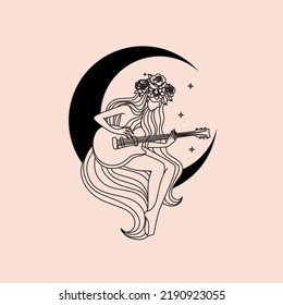 Mujer toca guitarra acústica Moon Stars Solo cantante Hand dibujó la línea ilustrativa. Sonido musical de chica de dibujo de línea mágica 