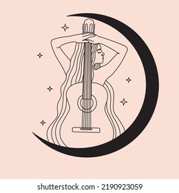 Woman play Acoustic guitar Moon Stars Solo singer Hand drawn line art illustration. Magic line drawing girl musician sound 