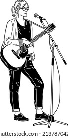 Woman play Acoustic guitar Solo singer Hand drawn line art illustration