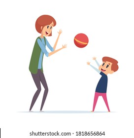 Woman play with boy. Outdoor active games with ball, nanny or mother and son spend time together. Happy cartoon players vector illustration