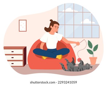 Woman play with cat. Young girl sits on chair and gives her pet stick with thread. Comfort and coziness in apartment. Playful domestic animal. Cartoon flat vector illustration