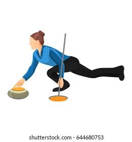 Woman play curling vector illustration isolated on white background.