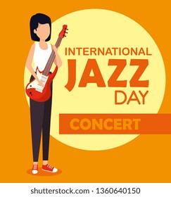 woman play electric guitar to jazz day