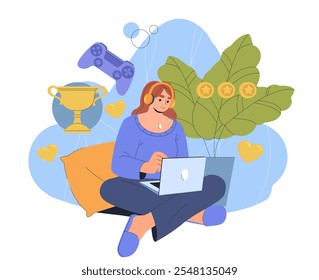 Woman play games. Young girl in headphones with laptop near gamepad. Fun and entertainment, leisure. Controller and joystick. Flat vector illustration isolated on white background