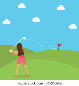 woman play golf put ball on green cartoon