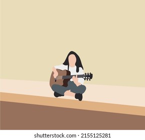 Woman play guitar on street. Guitarist with musical acoustic instrument. Modern creative relaxed music player. Flat vector illustration