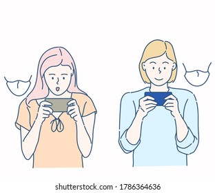 Woman play mobile game on smartphone. Hand drawn in thin line style, vector illustrations. (A Mask can be removable)