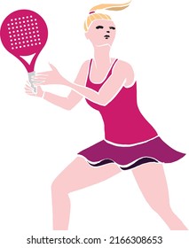 Woman Play Padel. Paddle Tennis Girl, With Sport Clothes, Kilt And Racket, Pink, Isolated, Blank