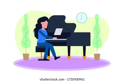 woman play piano at home while quarantine at pandemic covid-19. Flat design illustration