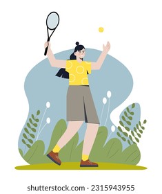 Frauen spielen im Tennis Outdoor Konzept. Junge Mädchen mit Schläger und Ball im Freien. aktive Lebensweise und Sport. Athlet bei Wettbewerben und Turnieren. Cartoon-Flavektor-Vektorgrafik