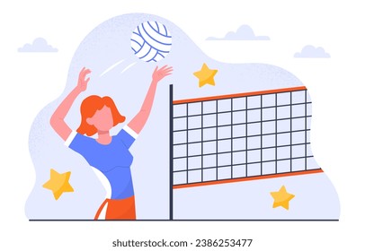 Woman play voleyball concept. Team play and sport. Woman hit ball with hand. Active lifestyle and leisure. Tournament and competition. Sportswoman and athlete. Cartoon flat vector illustration