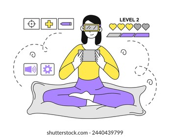 Woman play VR games linear. Young girl with digital tablet. Cyberspace and virtual reality. Player in arcades and video games. Doodle flat vector illustration isolated on white background