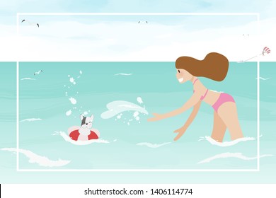 woman play water fight with french bulldog puppy in ocean on summer vacation with copy space eps10 vector illustration 