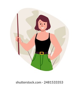 Woman player holding billiards cue vector flat illustration. Cartoon snooker with pool billiard equipment. Recreation and hobby entertainment, sport game leisure isolated on floral decorative frame