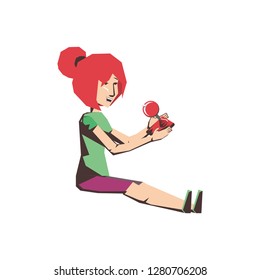 woman player video game sitting with joystick