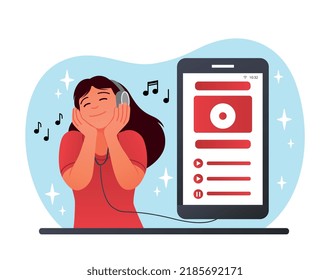 Mujer con jugador. Jovencita con smartphone y audífonos escucha sus canciones favoritas, su lista de reproducción. Amor por la música, descanso después del trabajo o estudio. Descansa y relájate. Dibujo vectorial plano de dibujos animados