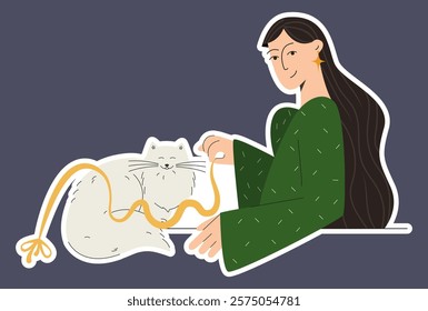 Woman with playful cat lover sticker. Owner of a cute pet. A girl with an adorable cat in her arms