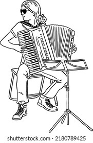 Woman playing accordion Music Player Hand drawn line art illustration