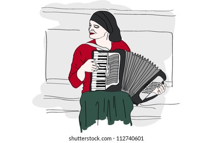 Woman is playing accordion on the street
