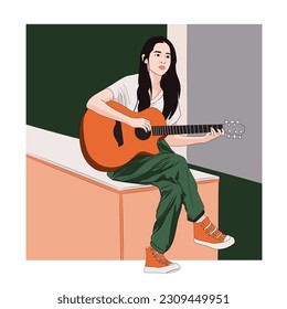 Woman playing acoustic guitar. Enjoy music. Girl sitting in green pants, musical instrument. Trendy boho style illustration. Relaxation, music lessons, recreation. Hobby, study