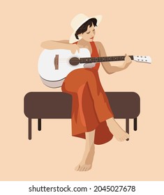 Woman playing acoustic guitar. Enjoying music. Girl sitting with red dress, hat, music instrument. Trendy boho style illustration. Relaxation, music lesson, recreation. Hobby, studying