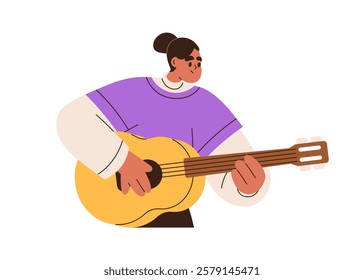 Woman playing acoustic guitar. Female musician performing music, melody with string instrument. Girl guitarist player, performer, artist. Flat vector illustration isolated on white background