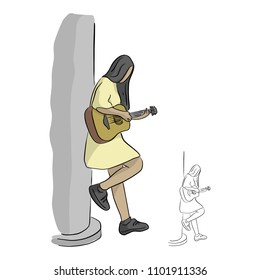 woman playing acoustic guitar at the pole vector illustration sketch doodle hand drawn with black lines isolated on white background