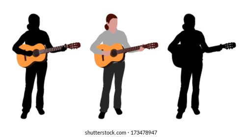 woman playing acoustic guitar silhouette and illustration