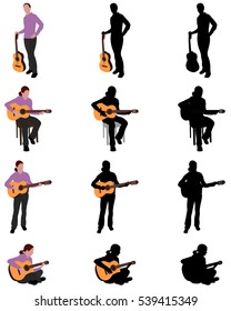 Woman Playing Acoustic Guitar Silhouette And Illustration - Vector