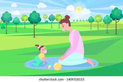 Woman playing with baby on mat outdoor, mother and daughter sitting on grass near trees, funny time, sunny weather, green nature and summertime vector