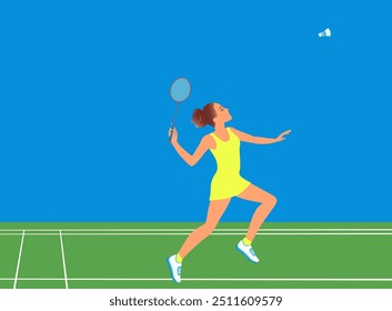 Woman playing badminton. Horizontal poster with girl player in motion hitting shuttlecock with racquet. Vector illustration.
