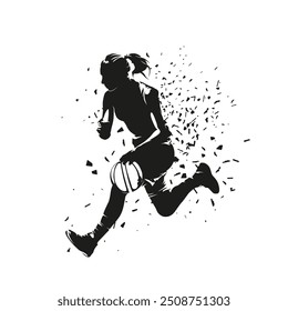 Woman playing basketball. She runs and dribbles, isolated vector silhouette, ink drawing. Female basketball logo