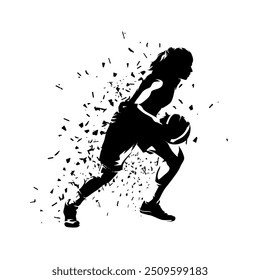Mulher jogando basquete. Ela corre e dribla, isolada silhueta vetorial, desenho à tinta. Logotipo do basquete feminino