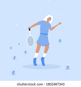 Woman playing big tennis vector flat illustration isolated on blue background. Cute tennis girl in sport clothes hitting blue tennis ball with racket. Active lifestyle, sportswoman concept.