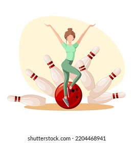 A woman is playing bowling. Strike. Cartoon design.
